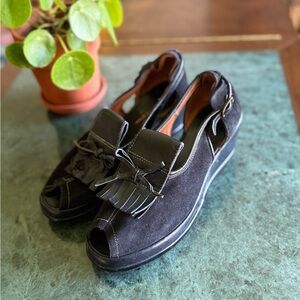 Re-Mix Black Suede Peep-Toe Fringe Slip-On Wedge Shoe
